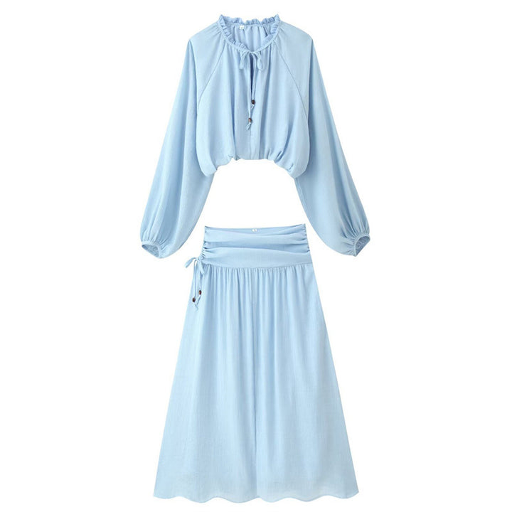 Women's Two-Piece Boho Set with Cropped Ruffle Blouse, Balloon Sleeves and High-Waisted Maxi Skirt Mune Fashion