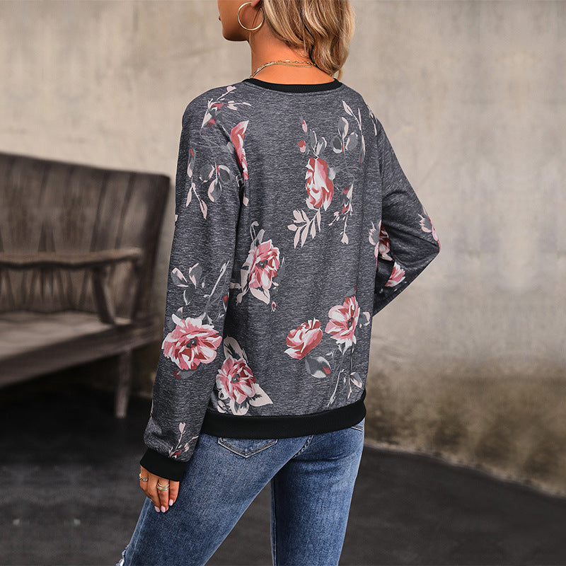 Women's Casual Raglan Sweatshirt with Floral Print and Ribbed Cuffs Mune Fashion