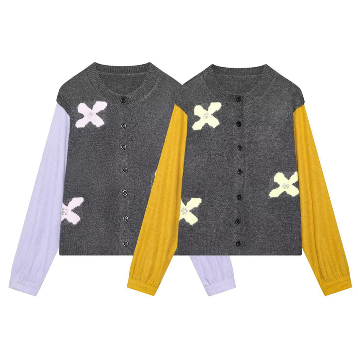 Women's knitted cardigan with decorative flower appliqué and contrast sleeves Mune Fashion