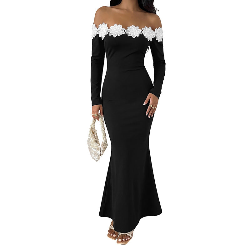 Women's Off-Shoulder Maxi Dress with Bardot Neckline, Body-Con Silhouette and Lace Floral Trim Mune Fashion