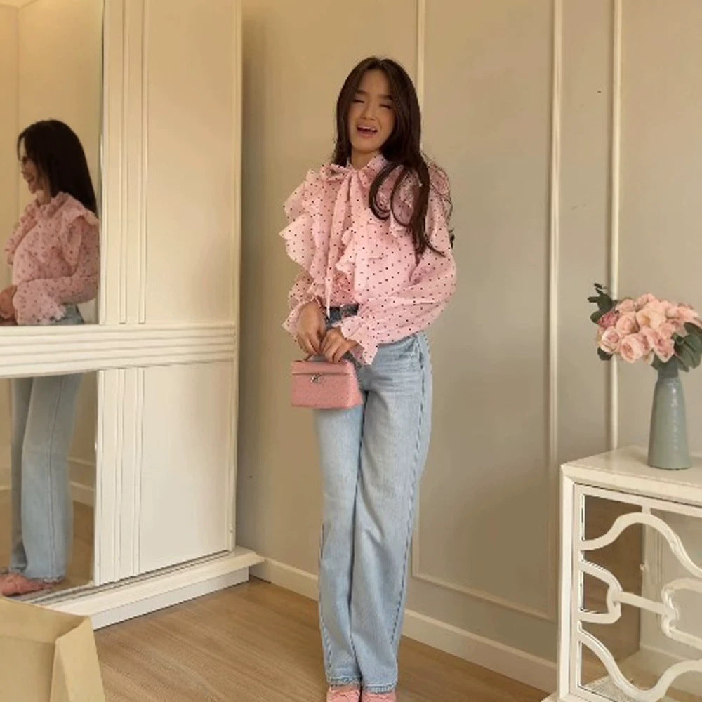 Women Ruffle Blouse with Bow Collar and Polka Dot Pattern Mune Fashion