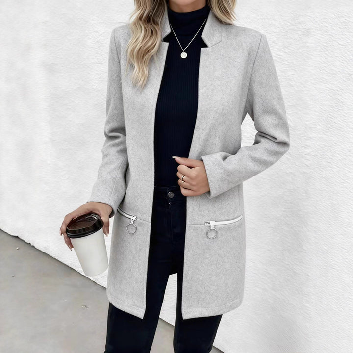Women’s box coat with herringbone structure, slim stand-up collar and decorative zip pockets Drune