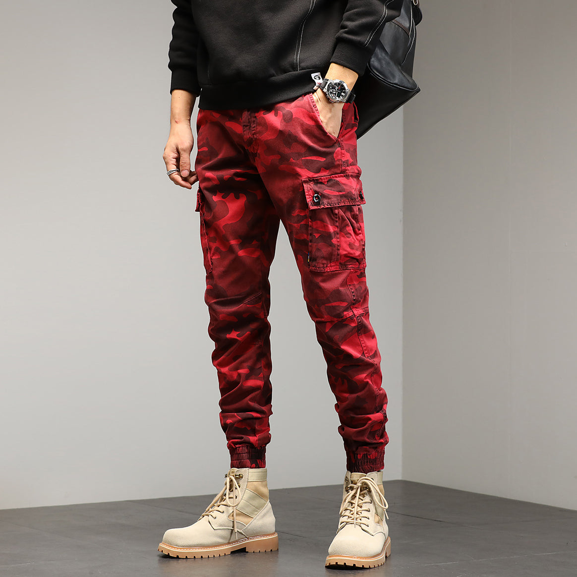 Herren Konisch geschnittene Utility-Cargohose im Camouflage-Joggerstil mit elastischem Bund und gerippten Bündchen Mune Fashion
