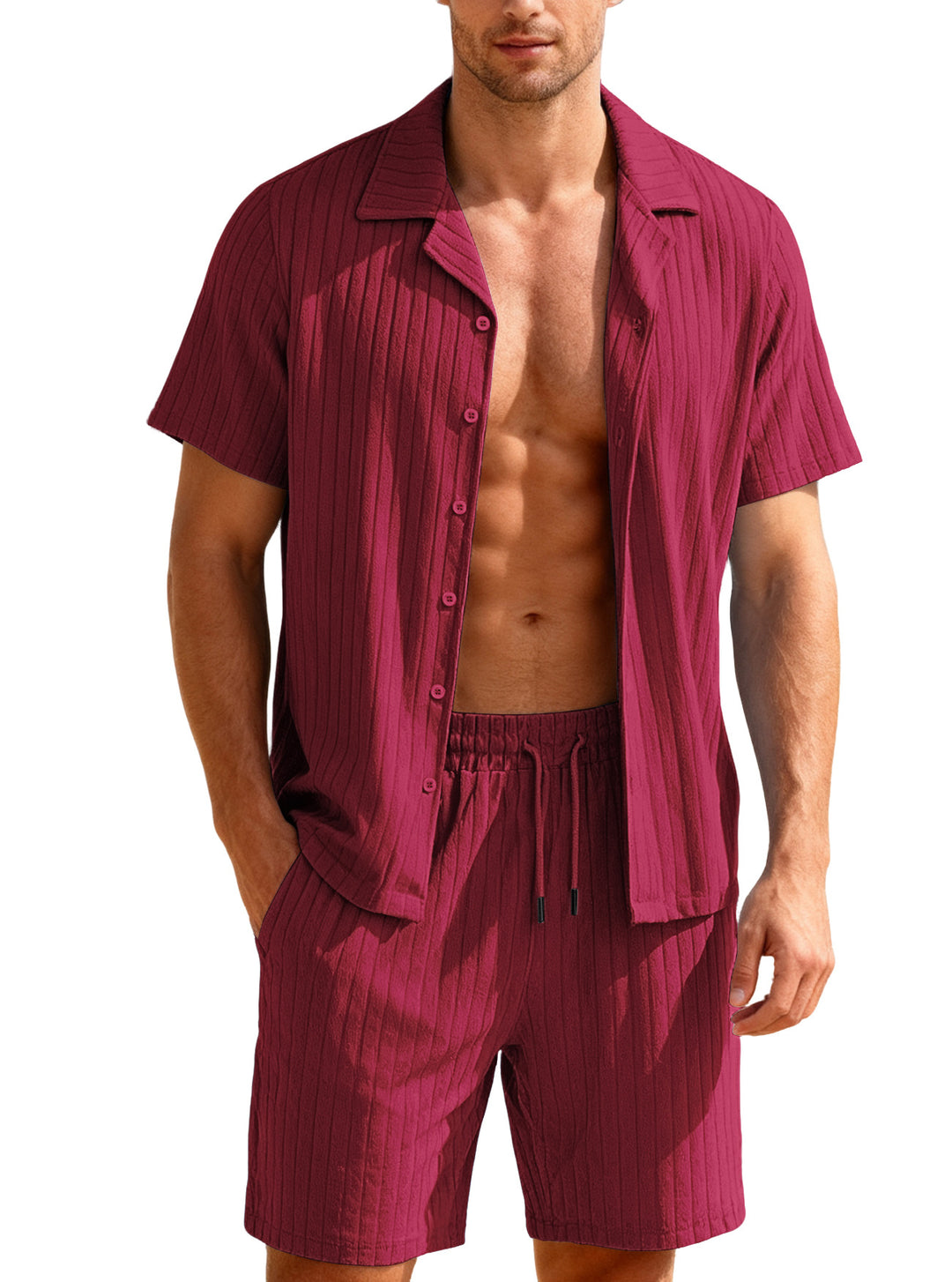 Men's ribbed fine knit lounge set with short sleeve lapel shirt and drawstring shorts Mune Fashion