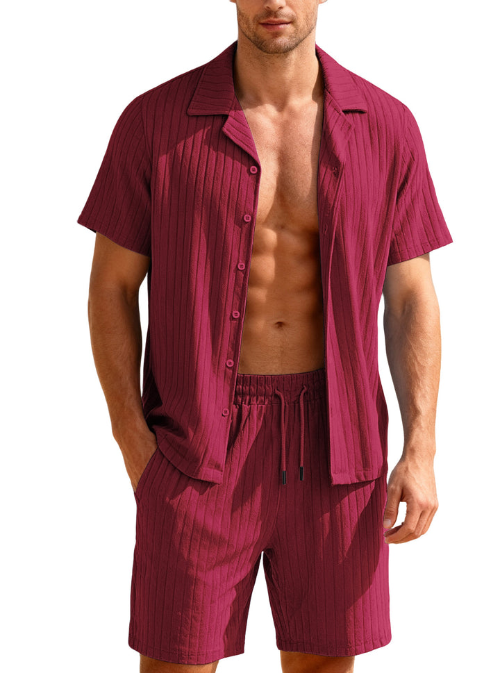 Men's ribbed fine knit lounge set with short sleeve lapel shirt and drawstring shorts Mune Fashion