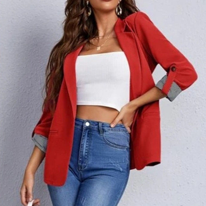 Women nan tailored casual blazer with turned-up sleeves and decorative button detail Mune Fashion