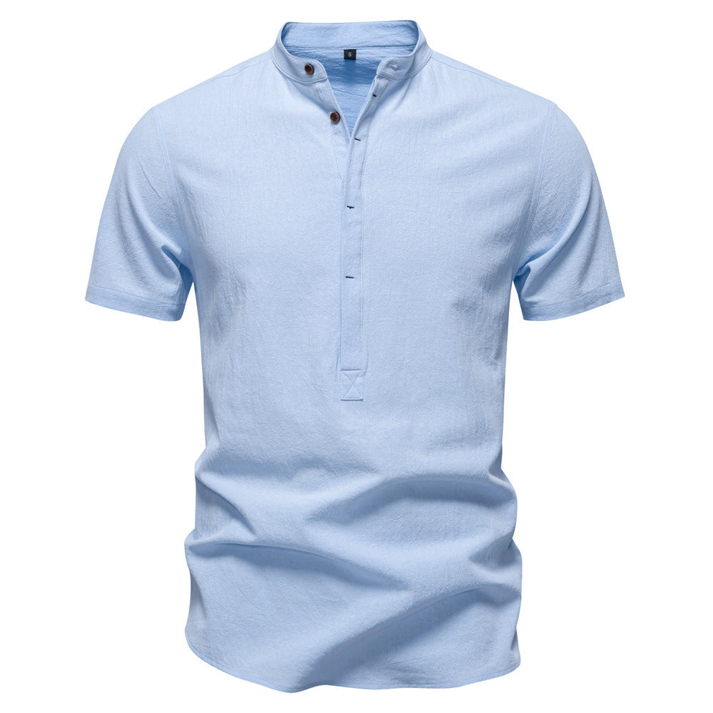 Men's casual short-sleeve shirt with stand-up collar, half button placket, and lightly textured cotton-linen quality Mune Fashion