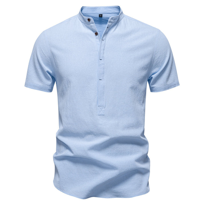 Men's casual short-sleeve shirt with stand-up collar, half button placket, and lightly textured cotton-linen quality Mune Fashion