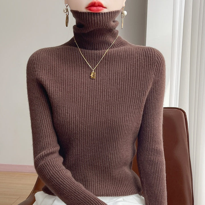 Women Slim Ribbed Knit Turtleneck Sweater with Ruffled Neck and Cashmere-like Feel Mune Fashion