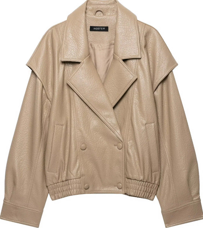 Women Short Blouson made of Artificial Leather with Double-Breasted Button Placket and Shoulder Cape Mune Fashion