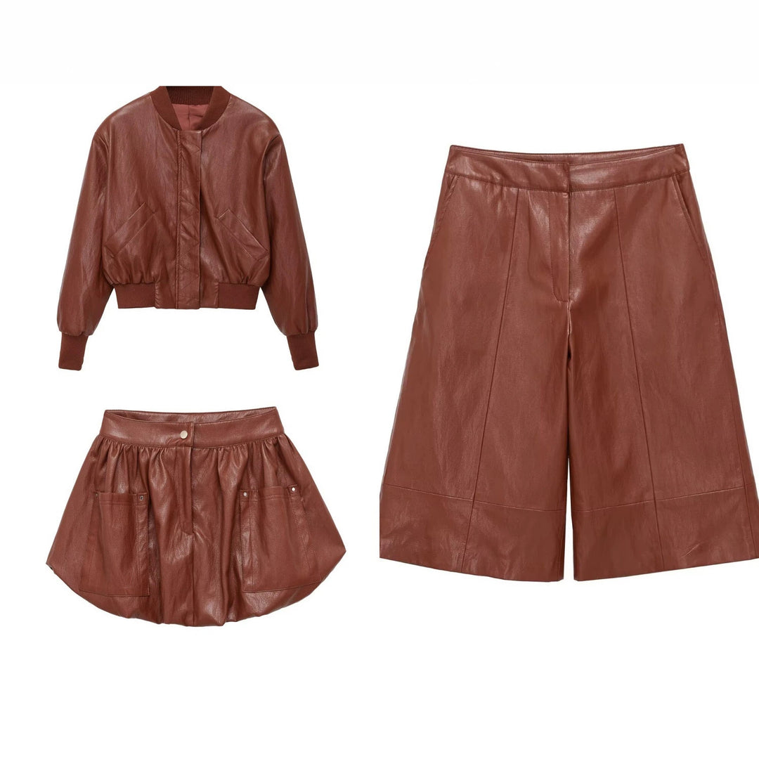 Women's Oversized Faux Leather Bomber Jacket with Ribbed Cuffs and Patch Pockets Mune Fashion