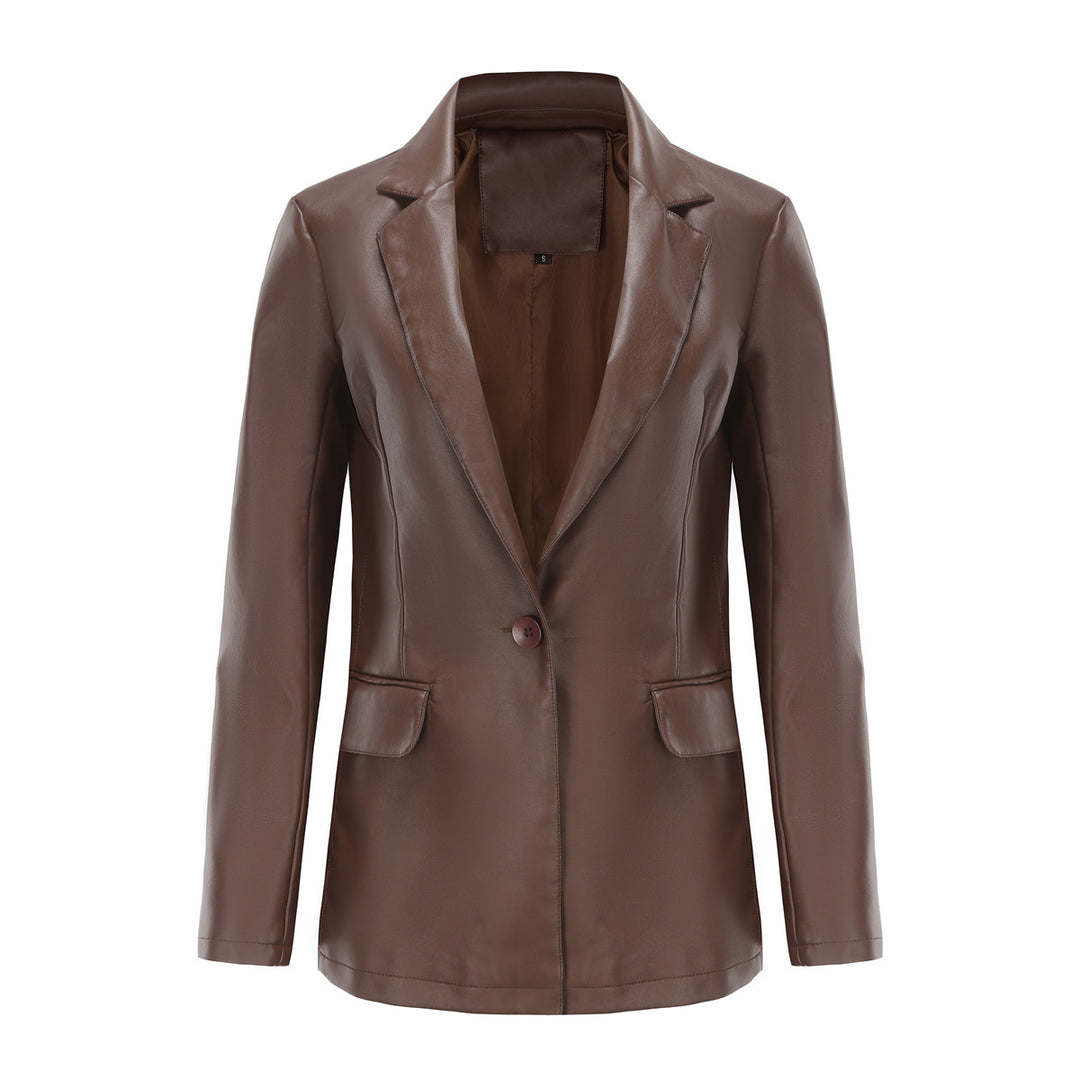 Women's fitted blazer made of faux leather with notch collar and flap pockets Mune Fashion