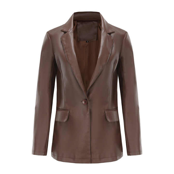 Women's fitted blazer made of faux leather with notch collar and flap pockets Mune Fashion
