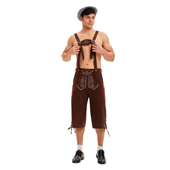 Men's knee-length traditional leather shorts with embroidered bib and adjustable straps Mune Fashion