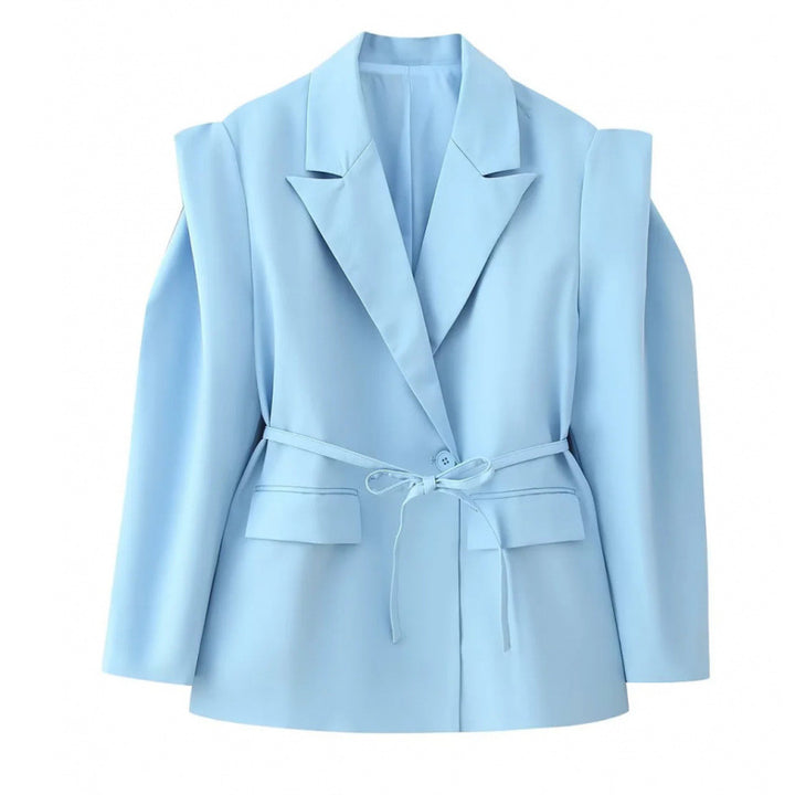Women Tailored Blazer with Delicate Tie Waist, Emphasized Shoulder Area and Flap Pockets Mune Fashion