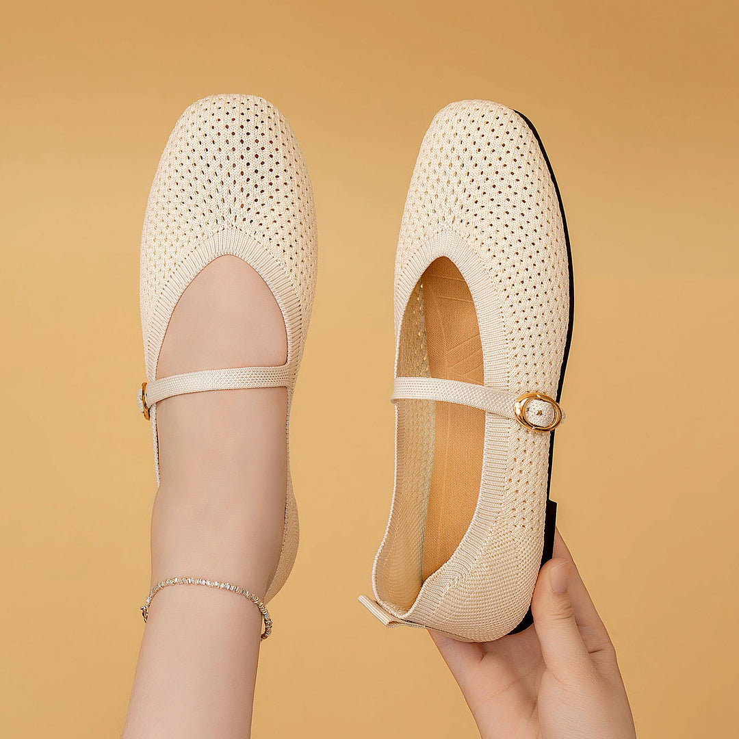 Women's breathable knitted Mary Jane ballerina shoes with elastic strap, gold decorative eyelet, and removable memory insole Mune Fashion