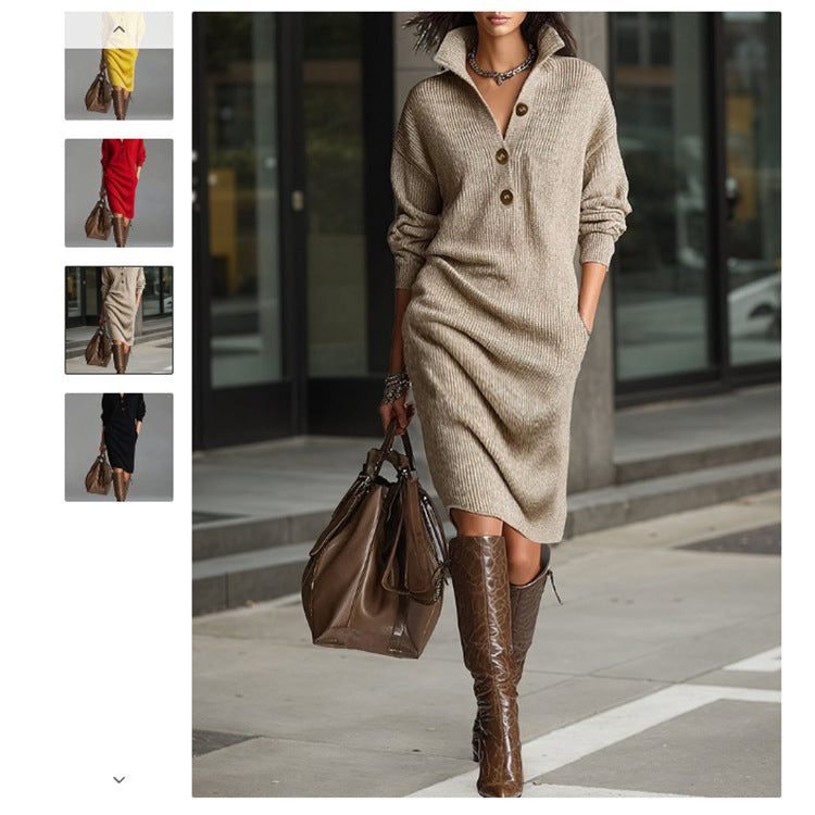 Women's knitted sweater dress with polo collar, patch pockets and casual fit Mune Fashion