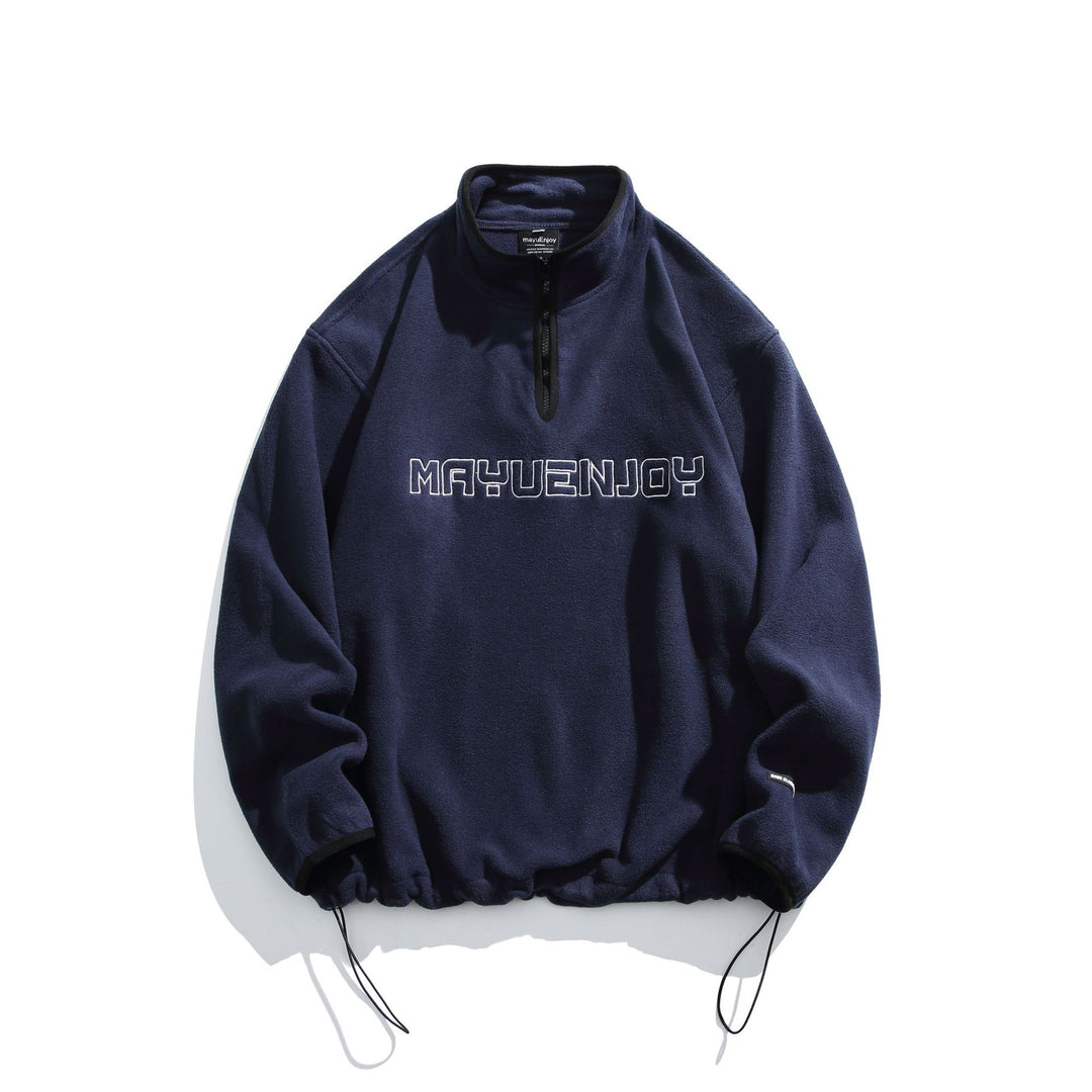 Unisex Fleece-Half-Zip Pullover with Stand-up Collar, Drawstring Hem and Logo Embroidery Mune Fashion