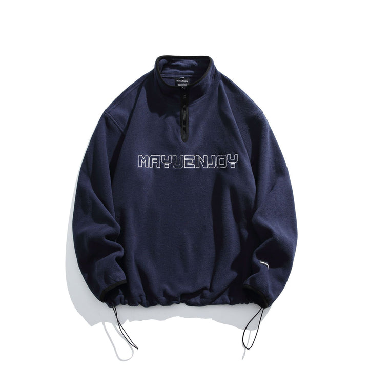 Unisex Fleece-Half-Zip Pullover with Stand-up Collar, Drawstring Hem and Logo Embroidery Mune Fashion