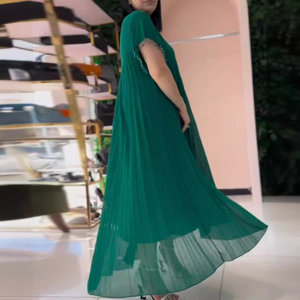 Women nan elegant chiffon pleated maxi dress with wide swing skirt and tassel sleeves Mune Fashion