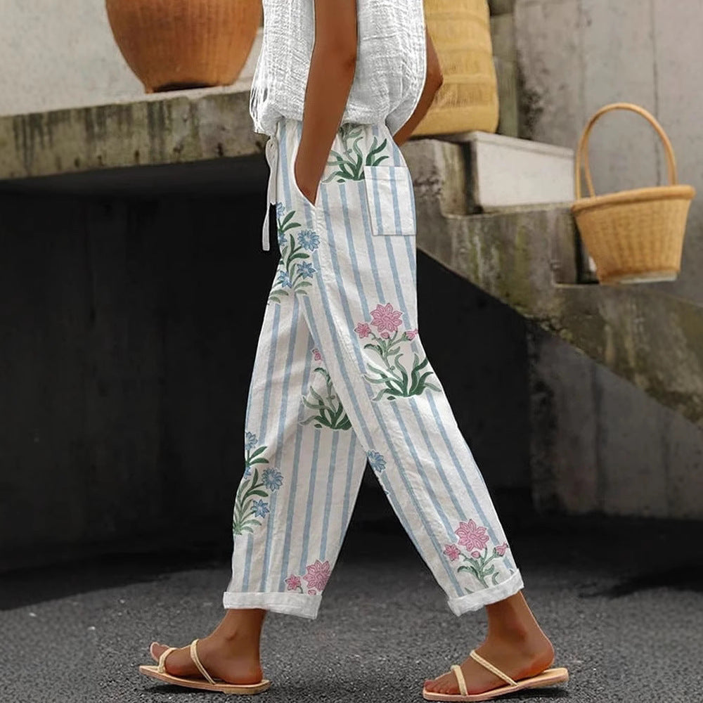 Women's Wide Linen Pants with Striped Pattern Mune Fashion