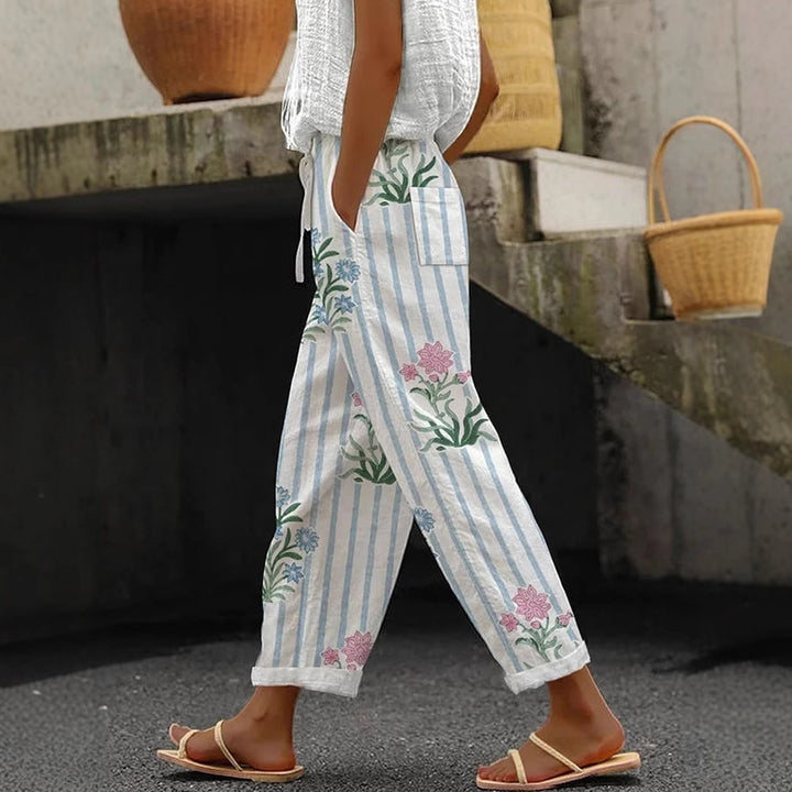 Women's Wide Linen Pants with Striped Pattern Mune Fashion