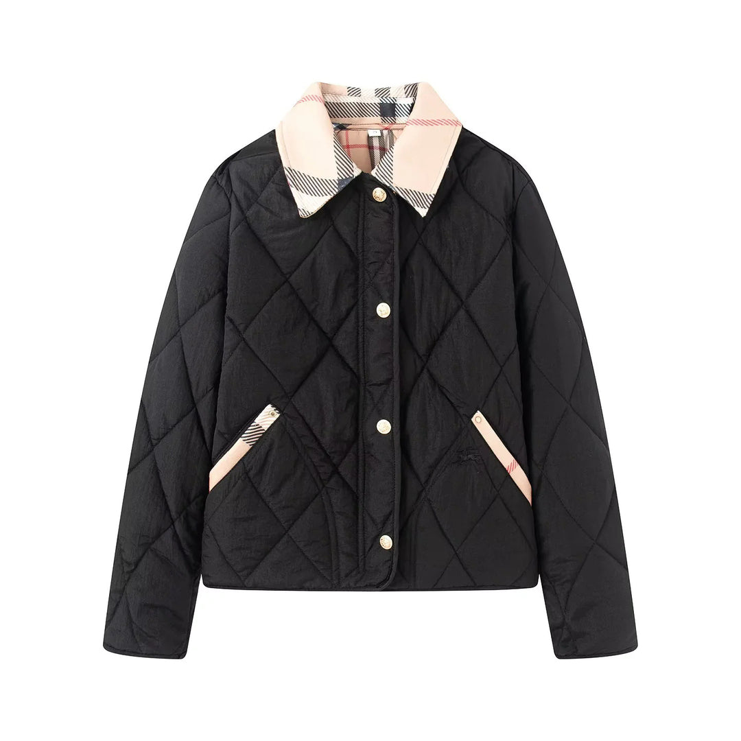 Women's padded short jacket with check collar and piped side pockets Mune Fashion