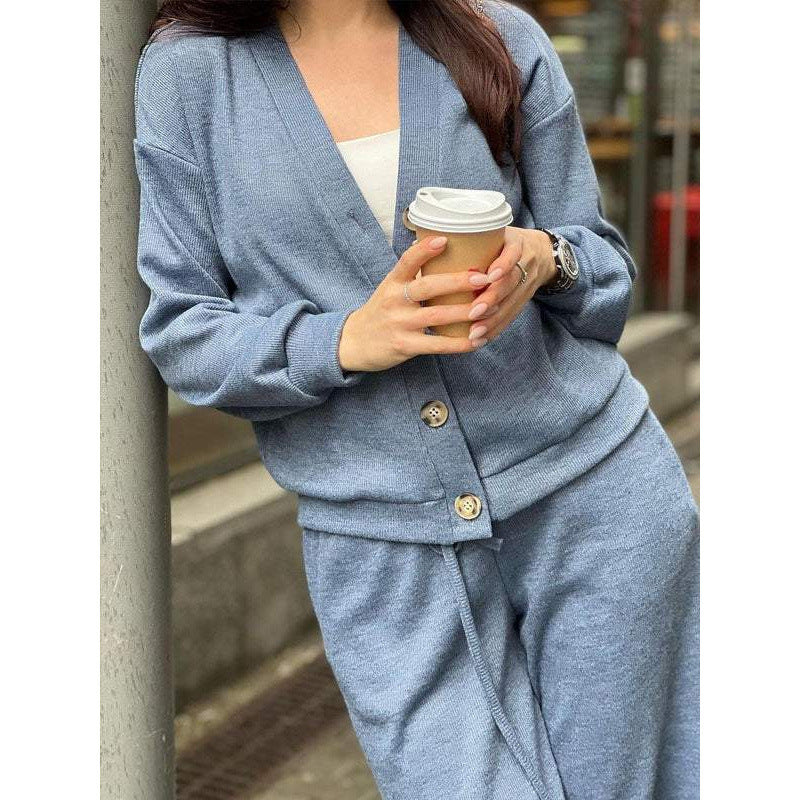 Women's Knit Loungewear Set with V-Neck Cardigan and Wide Drawstring Pants Mune Fashion