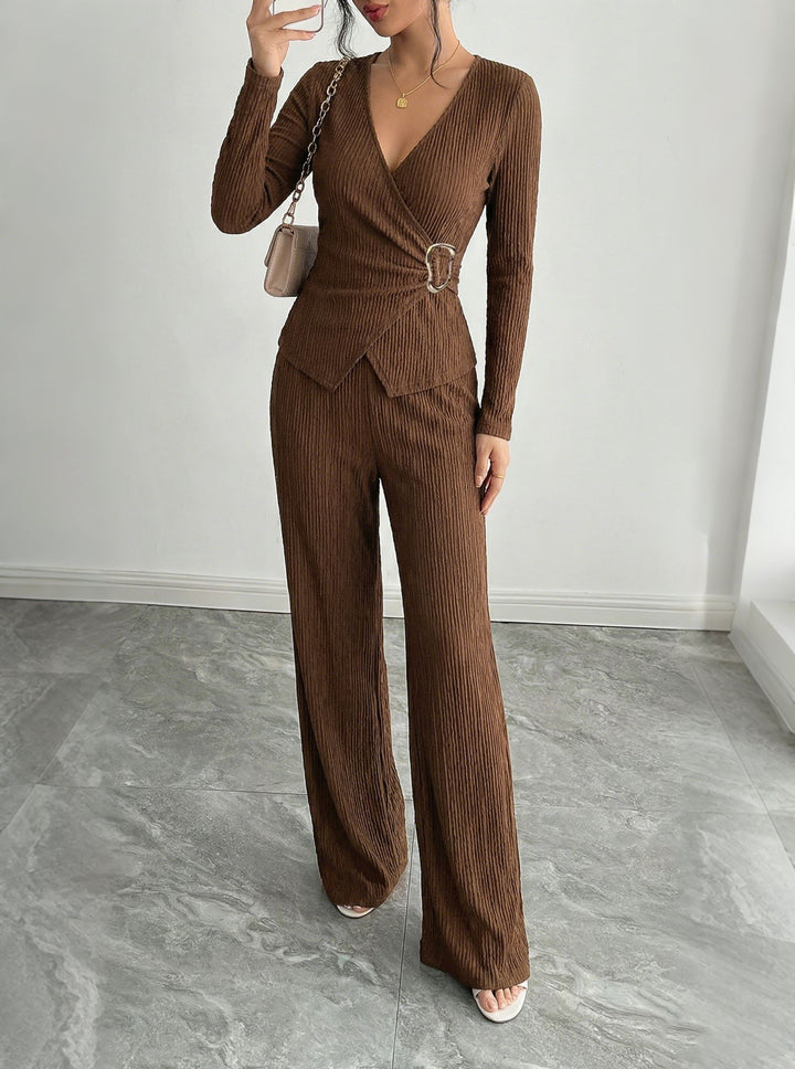 Women's tailored wrap two-piece with decorative buckle and wide pant leg Mune Fashion