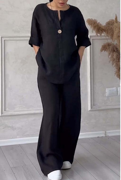 Women's casual linen relax set with wide pants and shirt blouse Mune Fashion
