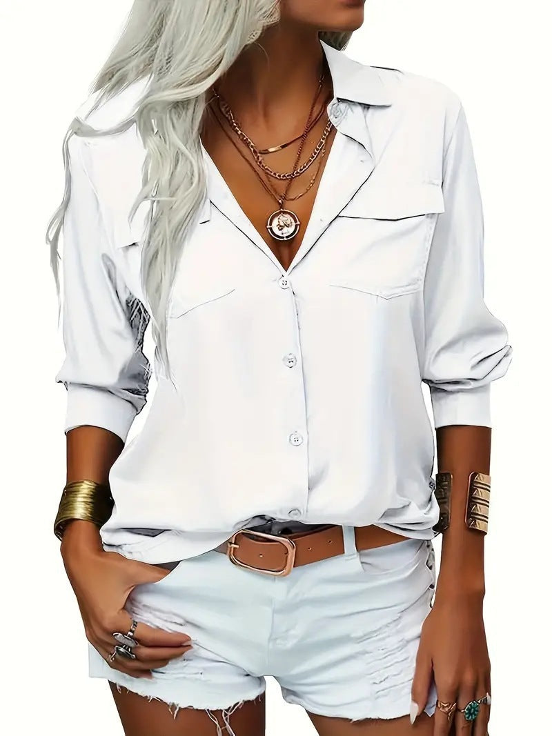 Ladies light V-neck chiffon blouse with breast pockets and buttoned front closure Mune Fashion