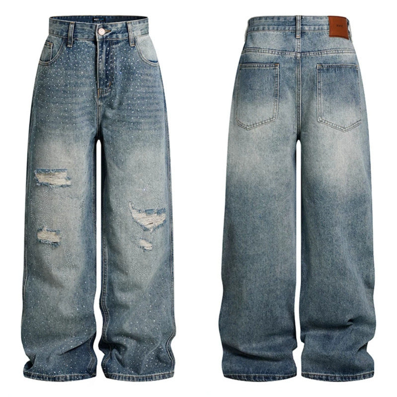 Ladies Wide High-Waist Denim Palazzo Jeans with Destroyed Details and Rhinestone Embellishment Mune Fashion