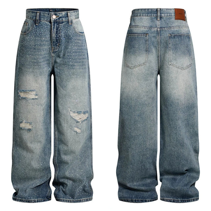 Ladies Wide High-Waist Denim Palazzo Jeans with Destroyed Details and Rhinestone Embellishment Mune Fashion