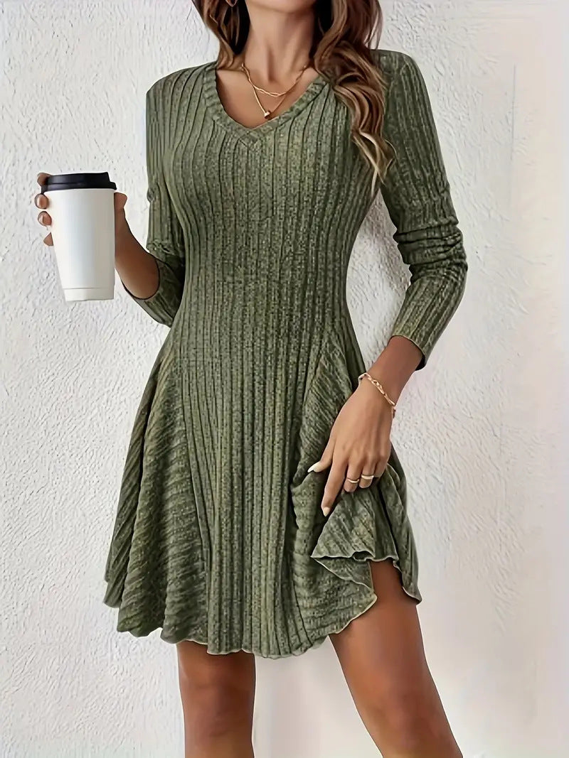 Women's Ribbed V-Neck Mini Dress with Flared Skirt and Patch Pockets Mune Fashion