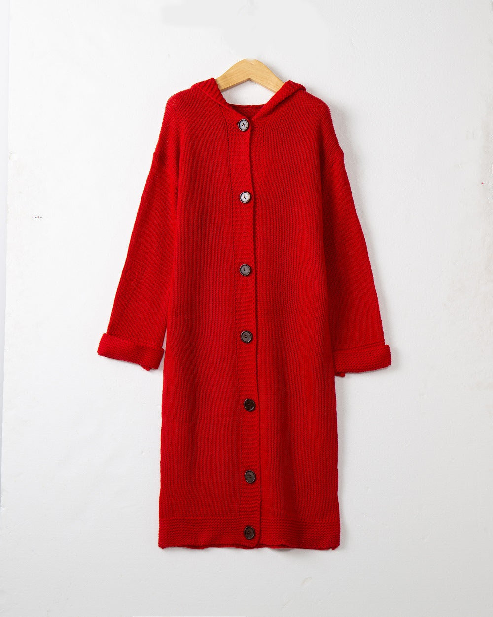 Women's Hooded Long Cardigan made of medium-thick ribbed knit with a full button placket and loose oversized cut Mune Fashion