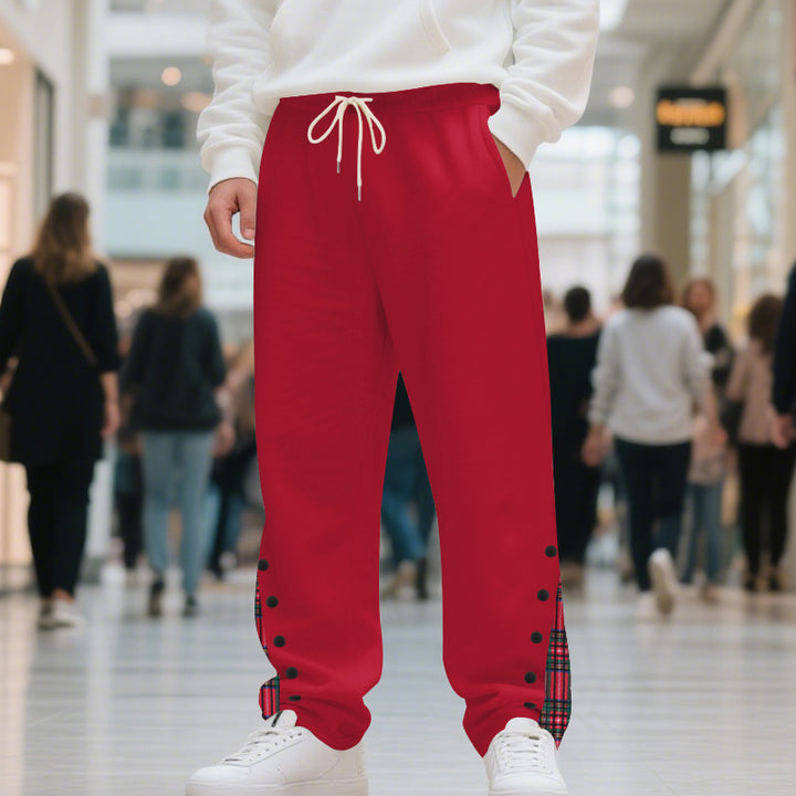 Men's Relaxed-Fit Jogging Pants with Check Side Panel, Snap Button Placket & Drawstring