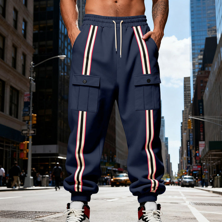 Men's cargo joggers in urban streetwear look with contrast stripes and flap pockets Mune Fashion