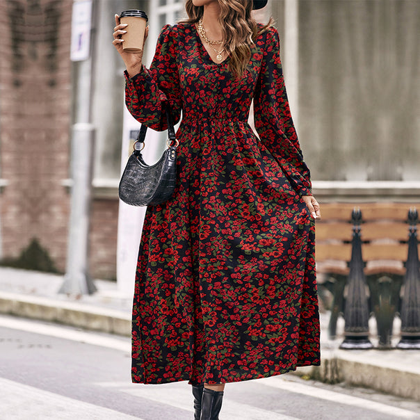 Women's Long Floral Maxi Dress with V-Neck, Gathered Smock Waistband, and Flowing A-Line Skirt Mune Fashion