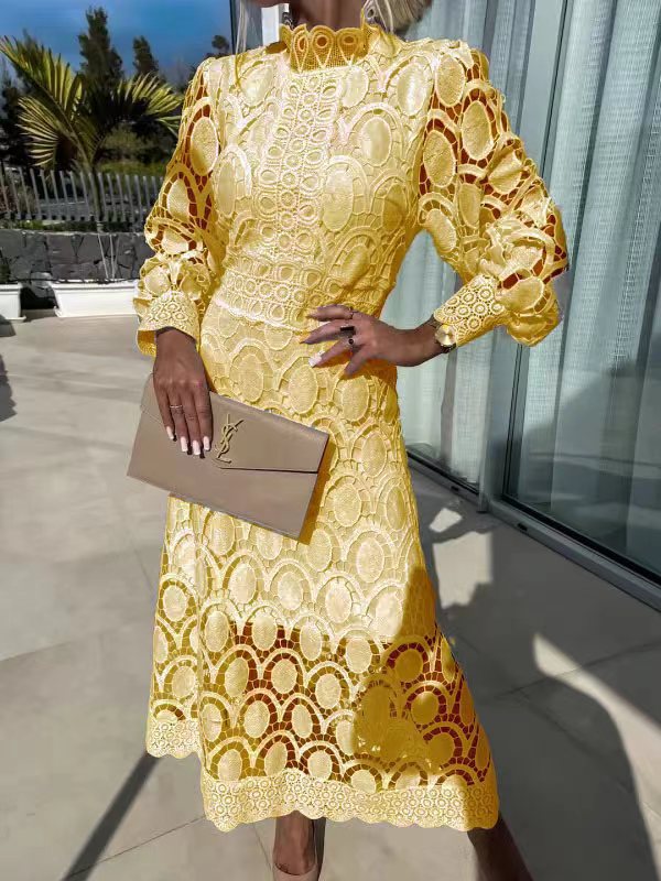 Women's crocheted midi dress with stand-up collar, transparent lace sleeves, and fitted A-line Mune Fashion
