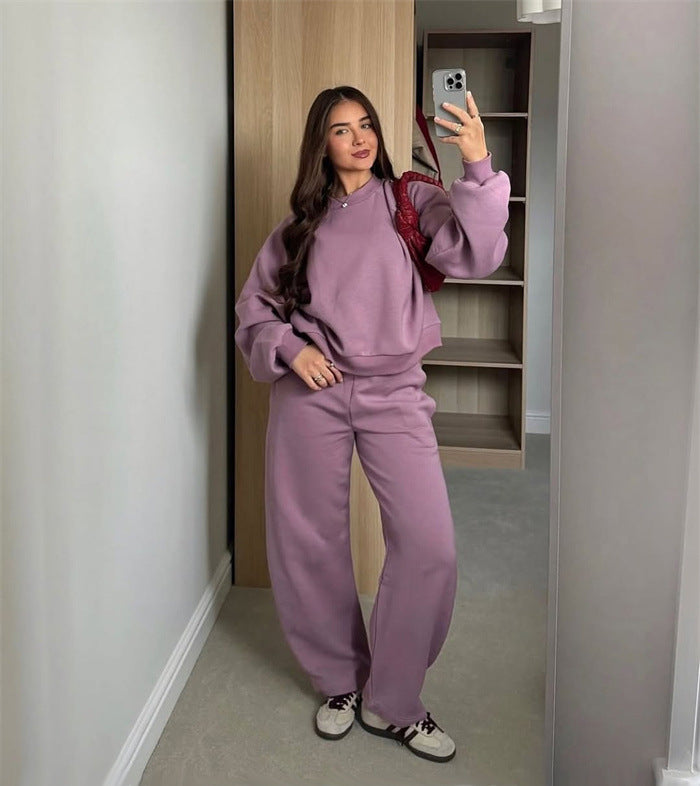 Women's Cropped Sweatshirt with High Round Neck and Elastic Drawstring Wide-Leg Jogging Pants Set Mune Fashion
