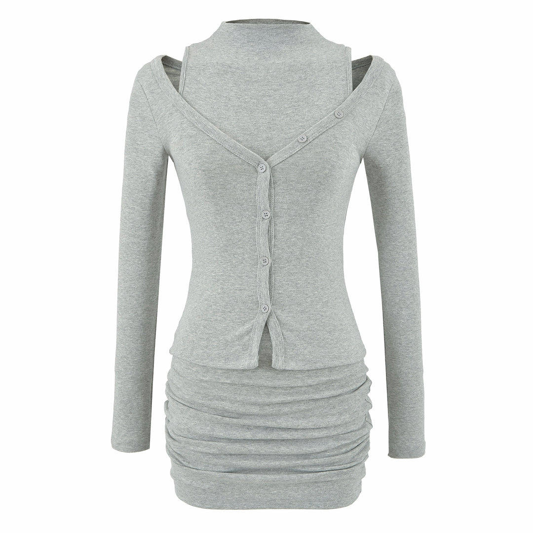 Ladies two-piece knit set with integrated high neck vest and asymmetric button cardigan Mune Fashion