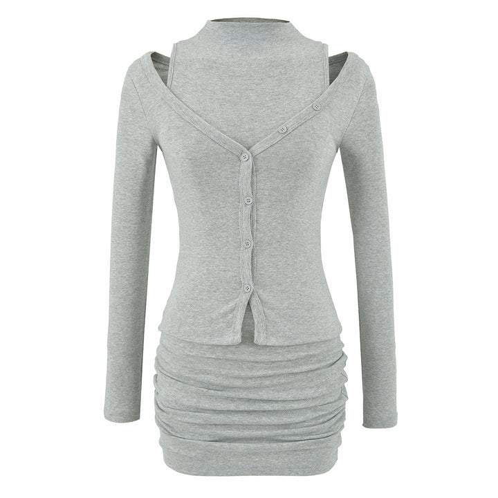 Ladies two-piece knit set with integrated high neck vest and asymmetric button cardigan Mune Fashion