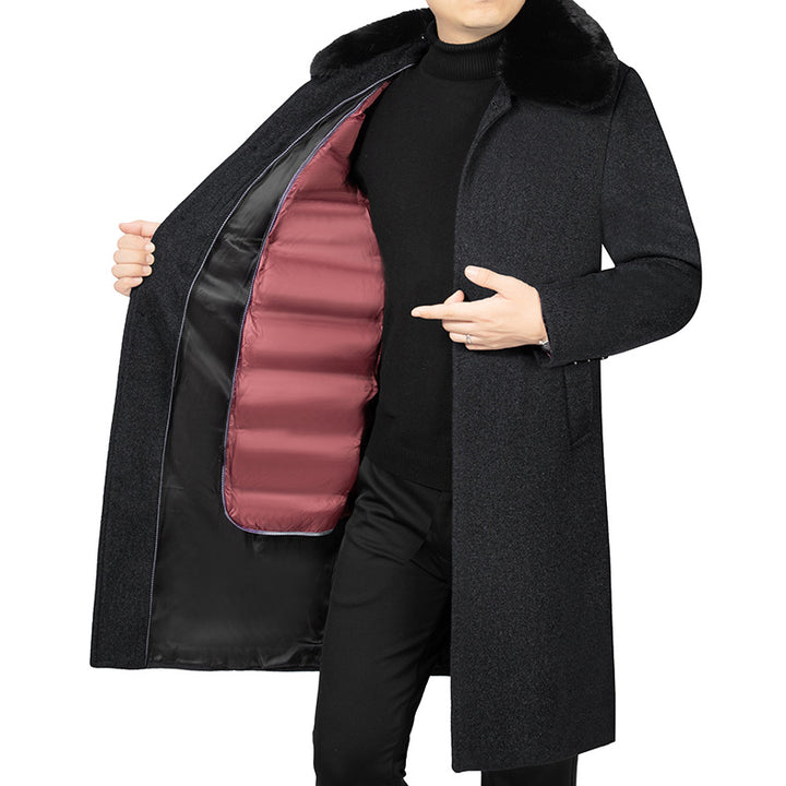 Men's Long Wool Blend Coat with Removable Faux Fur Collar and Quilted Thermal Padding Mune Fashion