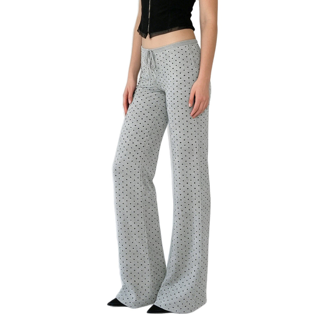 Women's comfortable high-waist lounge pants with wide flare, elastic comfort waistband, drawstring, and subtle dot print Mune Fashion