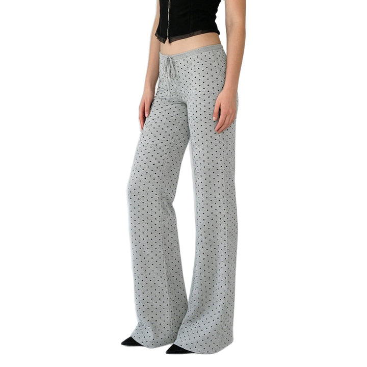 Women's comfortable high-waist lounge pants with wide flare, elastic comfort waistband, drawstring, and subtle dot print Mune Fashion