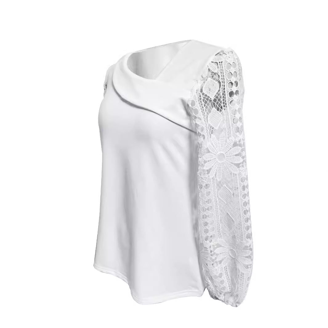Ladies nan tunic top with asymmetrical waterfall yoke and floral lace balloon sleeves Mune Fashion
