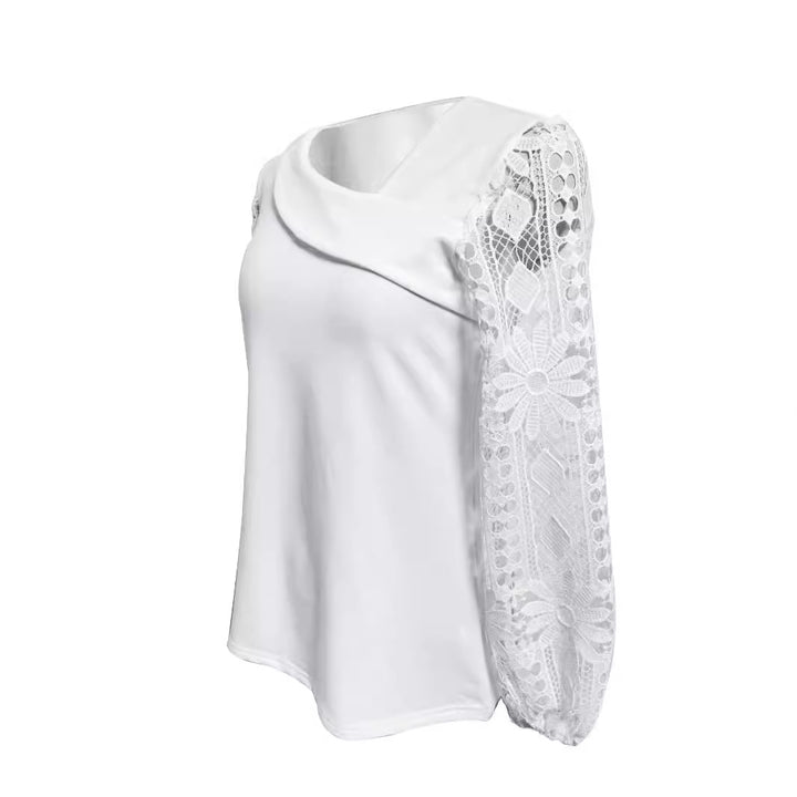Ladies nan tunic top with asymmetrical waterfall yoke and floral lace balloon sleeves Mune Fashion