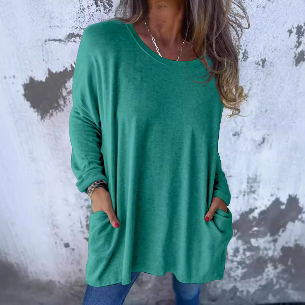 Ladies Soft Oversize Long Shirt with Round Neck, Casual Sleeves and Side Pockets Mune Fashion