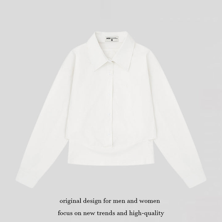 Women's cropped layered shirt with wide Kent collar and extended back Mune Fashion