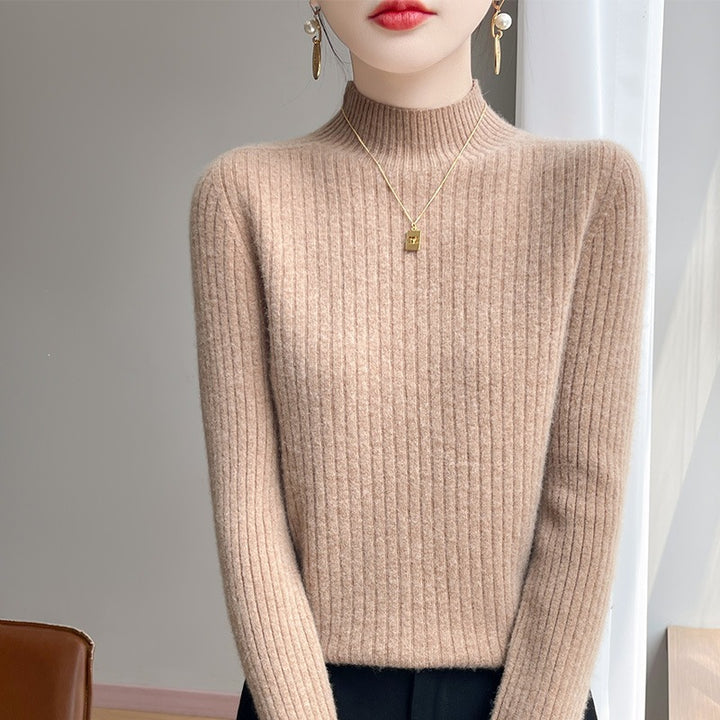 Women's Narrow Ribbed Knit Mockneck with Extra Soft Cashmere Look Mune Fashion